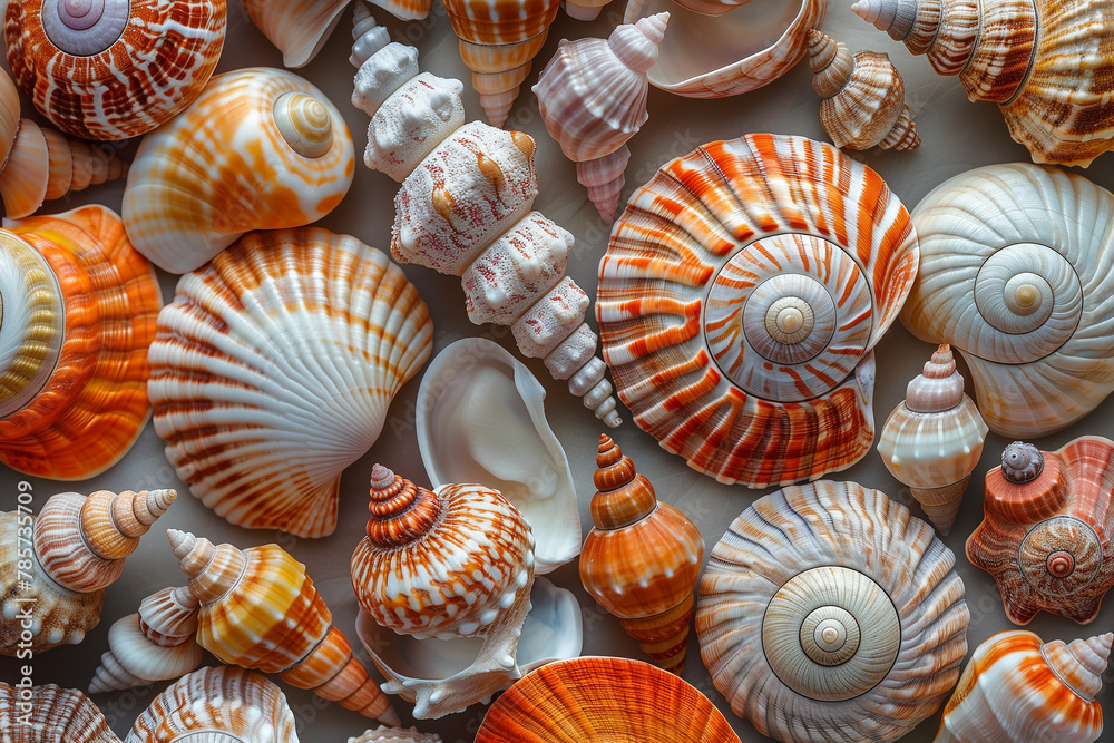Beautiful marine shells pattern top viewv Beautiful marine shells pattern top viewv