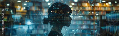 Woman's silhouette merging with a library's digital glow. Fusion of human and information. Concept of digital literacy, knowledge immersion, and futuristic learning.