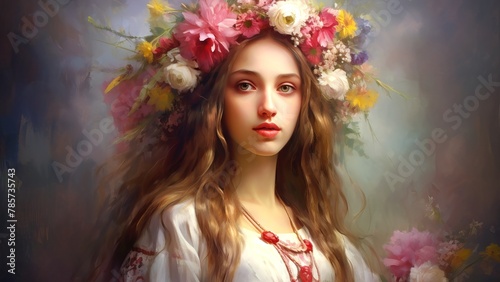 Ukrainian woman wearing a vibrant folkloric wreath. Portrait in national Ukrainian garb. Concept of cultural fashion, ethnic wear, and national pride. Oil painting style art