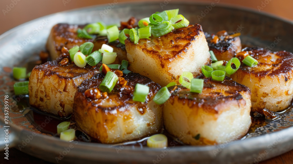 Delectable glazed scallops with green onions Delectable glazed scallops with green onions