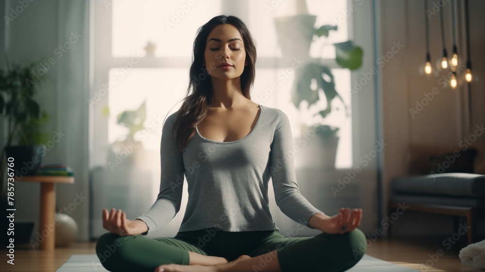 Healthy serene young woman meditating at home with eyes closed, relaxing body and mind sitting on floor in living room. Mental health and meditation for no stress.