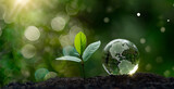 Glass ball mockup of planet Earth lying on black ground next to growing fresh plants. Concept of green energy, eco-friendly. background with empty space for text, presentation product. Generative AI
