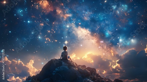 Stargazer's Solitude: A Cosmic Journey Amidst the Clouds. Concept Stargazing, Solitude, Cosmic Journey, Clouds