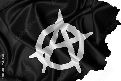 Black anarchist flag with torn edges waving in the wind photo