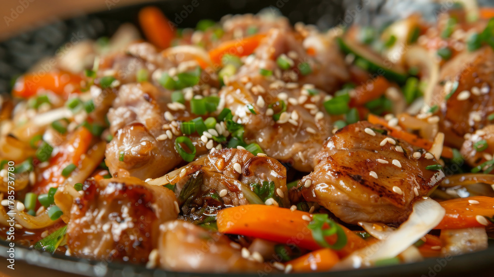 Delicious stir-fried chinese pork dish closeup Delicious stir-fried chinese pork dish closeup