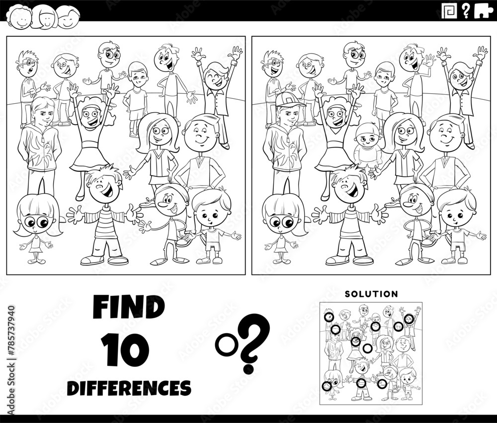differences game with cartoon children coloring page
