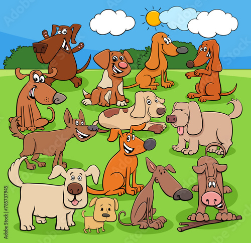 cartoon playful dogs characters group in the meadow