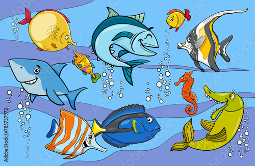 cartoon fish and marine animal characters group