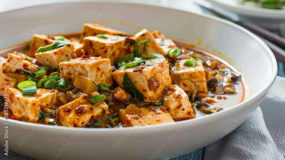 Spicy mapo tofu in white bowl Spicy mapo tofu in white bowl