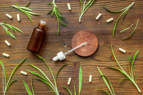 Pharmacy background with herbs and medicine. Organic natural wellness © 9dreamstudio