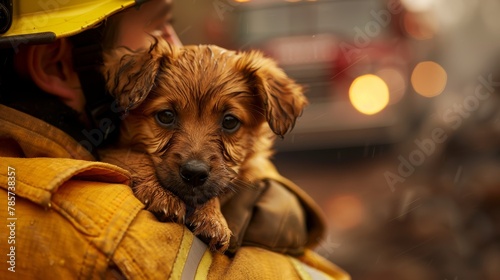 Wet puppy cradled in the arms of a firefighter with a fire truck in the background
