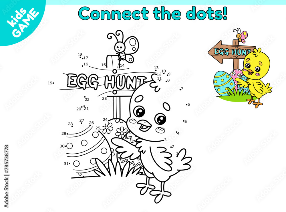 Dot to dot Easter kids game. Connect the dots by numbers, draw a cartoon chick standing by a wooden Easter egg hunt arrow sign. Worksheet for education children. Educational puzzle. Vector baby design