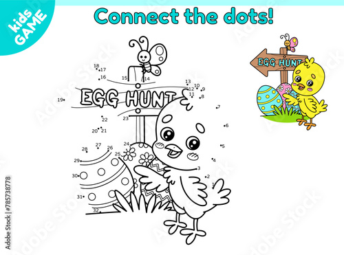 Dot to dot Easter kids game. Connect the dots by numbers  draw a cartoon chick standing by a wooden Easter egg hunt arrow sign. Worksheet for education children. Educational puzzle. Vector baby design