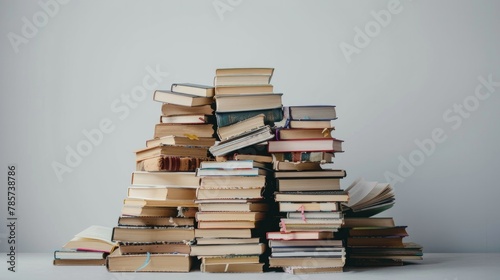Big pile of books over light background. Education, self-learning, book swap, hobby, relax time photo