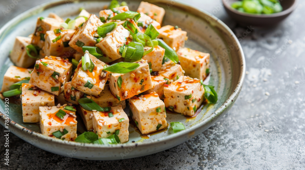 Authentic mapo tofu, a chinese spicy and numbing sichuan dish served on a plate Authentic mapo tofu, a chinese spicy and numbing sichuan dish served on a plate