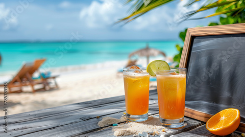 Zwei fruchtige Cocktails stehen auf einem Tisch an einer Strandbar mit dem Meer im Hintergrund 