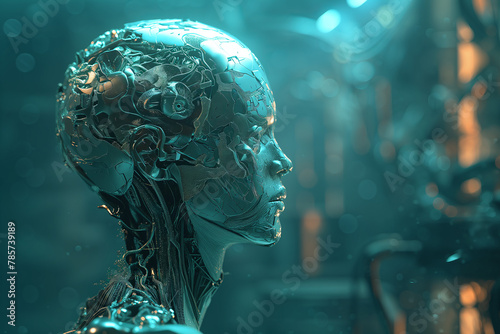 Profile of Metal Robot Woman Head, Humanoid Modern Humanoids in Blue Light with Space for Text
