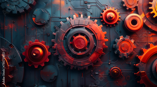 Technische Darstellung diverserer Zahnräder in verschiedenen Größen auf dunklem Untergrund, Querformat