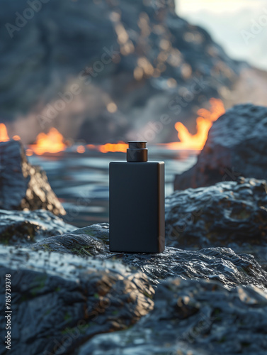 Nahaufnahme einer eleganten, schwarze Parfümflasche vor vulkanischer Landschaft, Produktpräsentation, Hochformat photo