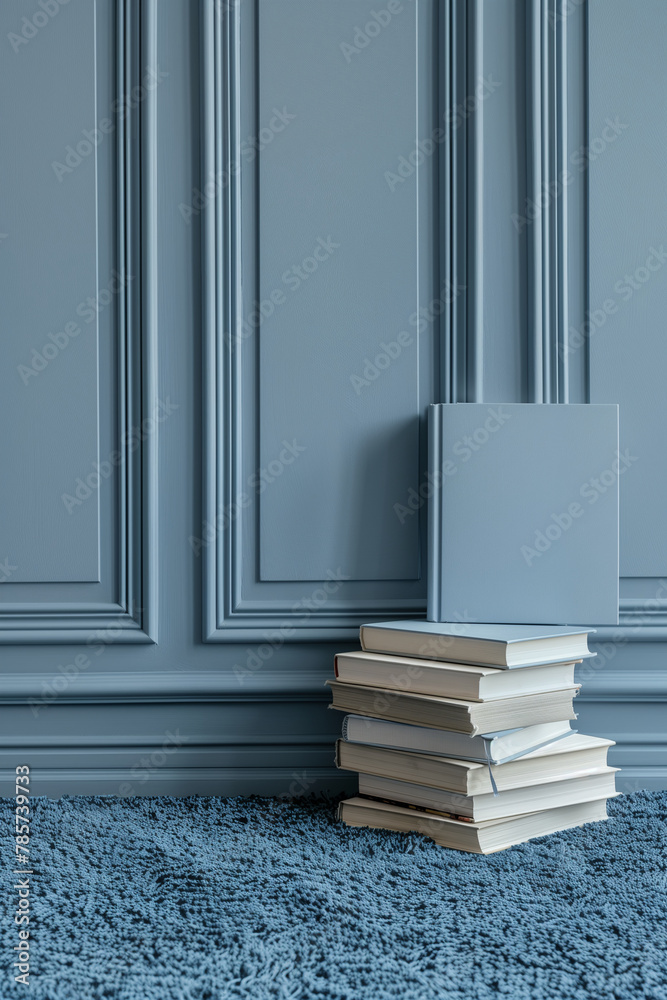 Ein Buch mit grauem Einband steht hochkant vor einer Holzwand mit verzierten Panelen, Hochkantformat Ein Buch mit grauem Einband steht hochkant vor einer Holzwand mit verzierten Panelen, Hochkantformat