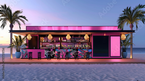 Eine Strandbar am Abend mit pinker Beleuchtung photo