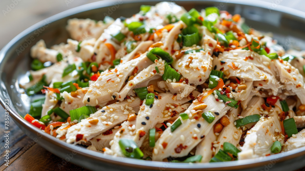 Close-up of a flavorful chinese chicken salad with sesame and chili Close-up of a flavorful chinese chicken salad with sesame and chili