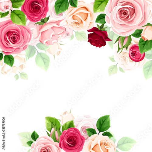 Background frame with red, pink, and white rose flowers and green leaves. Vector rose card design