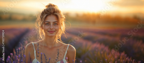 Bella donna felice in un campo di lavanda della Francia meridionale al tramonto durante una vacanza vestita con un abito di lino bianco