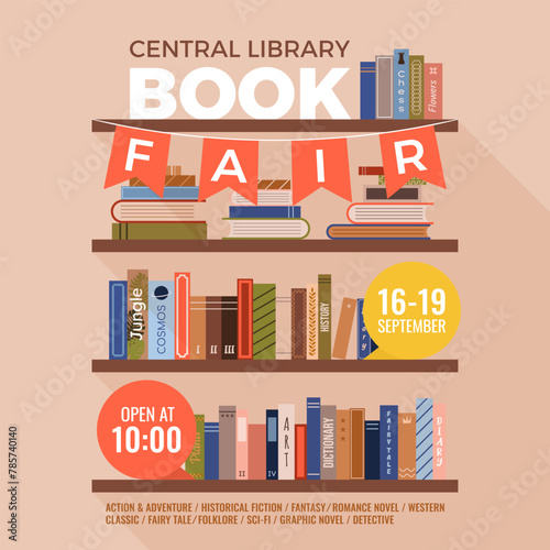 Book fair or festival square poster for advertising, promo, invitation, sale. Shelves with various books. Vector multicolored banner. Education and fun event concept. World book day.