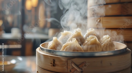 A detailed view of a Chinese dumpling (xiaolongbao) with steam visibly rising from its delicate, translucent skin. The background is a bamboo steamer set against a traditional Chinese kitchen, softly