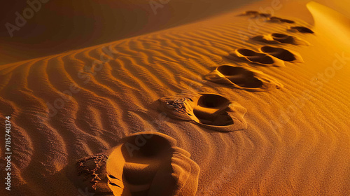 Human footprints across a textured sand dune photo