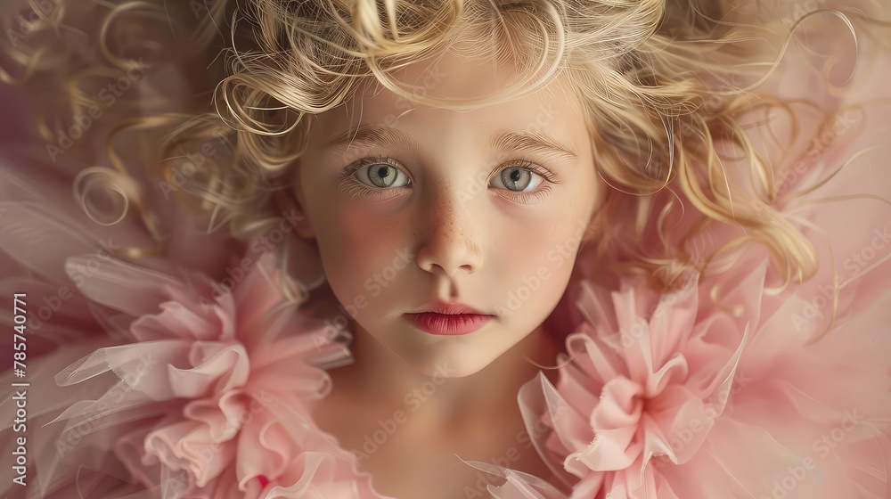 Top View of a Little Cute Girl with Blond Curly Hair in a Fluffy Pink Dress