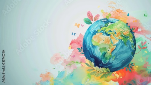 Vibrant Illustration of Earth Surrounded by Colorful Nature, Depicting Environmental Awareness and Global Harmony © Julia