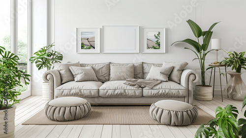 Innenausstattung eines modernen Wohnzimmers mit einer hellen Couch, Sitzkissen und Grünpflanzen, Bilderrahmen an der Wand, Querformat