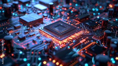 Close-Up View of Circuit Board and Microprocessor at Night