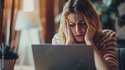 Cyber bullying concept. Depressed woman looks at laptop. Opinion and the pressure of society. Shame. photo