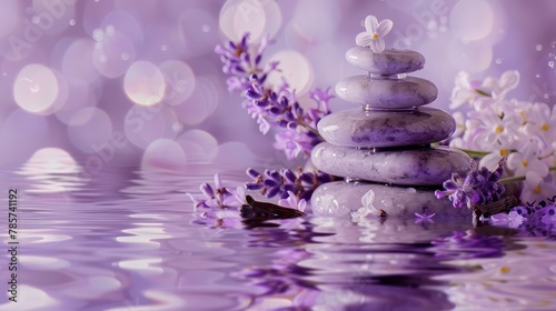 Peaceful and serene image of a stack of purple stones surrounded by lilac flowers and petals, reflected in the water creating a sense of balance and calm