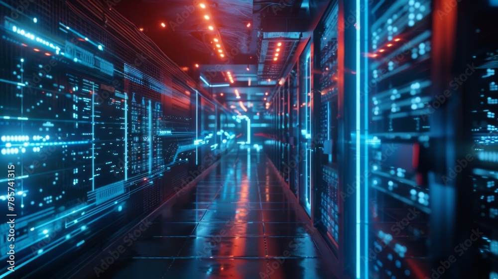 Obraz premium Futuristic Data Center Hallway With Glowing Lights