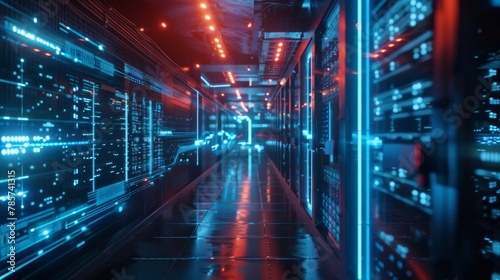 Futuristic Data Center Hallway With Glowing Lights