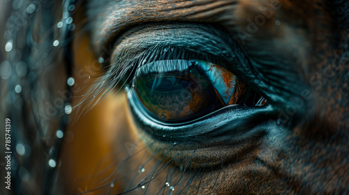 A close up of a horse's eye with a reflection of the sky in the iris
