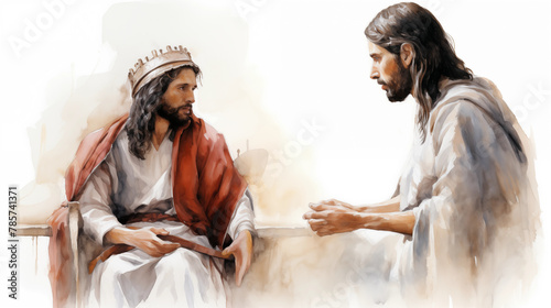 Jesus discussing the truth with Pilate. , watercolor style, white background