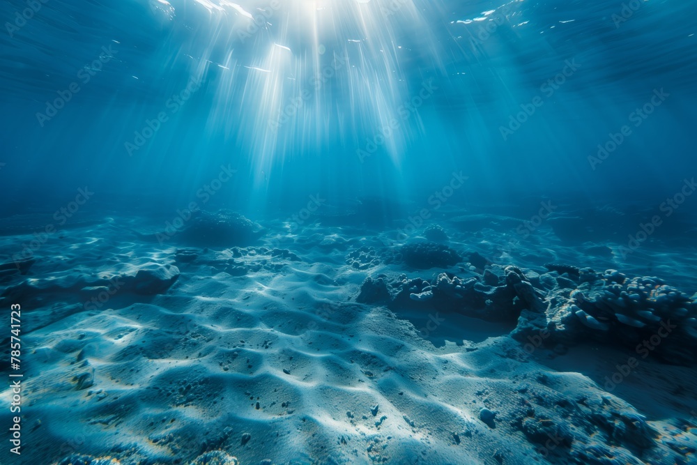 Underwater scene with sunbeams on ocean floor