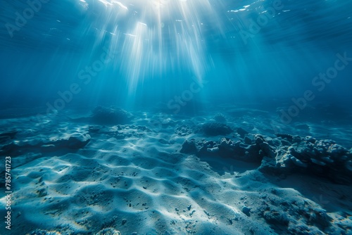 Underwater scene with sunbeams on ocean floor