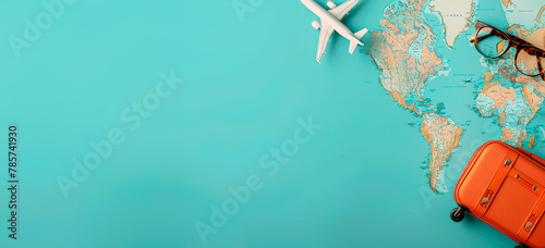 travel background with suitcase and a model of a plane and map of the world