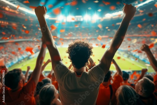 A man is standing in a stadium with a crowd of people around him. Football fans support the team