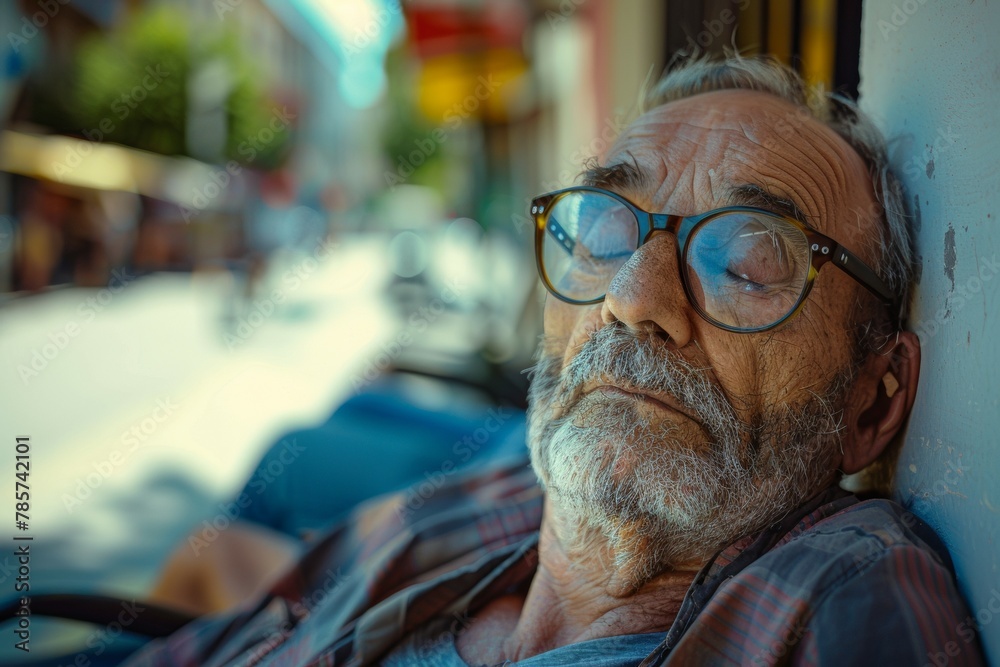 Senior or old man tired of summer heat. Background with selective focus and copy space