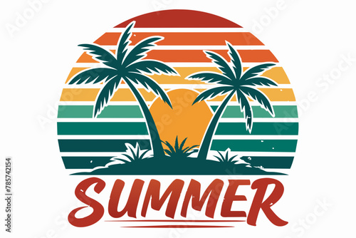 sunset with palm tree vector illustration