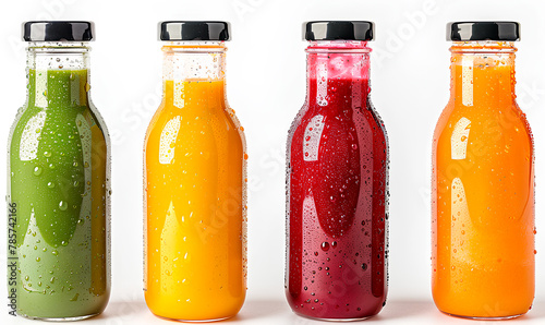 Fruit and berry smoothies in bottles on white background. photo