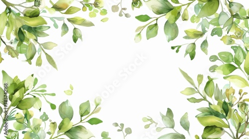 Fresh green leaves and branches on white background, watercolor hand drawn illustration. Delicate greenery, foliage, and branches in light green hues evoke a serene and peaceful ambiance. © Helen-HD