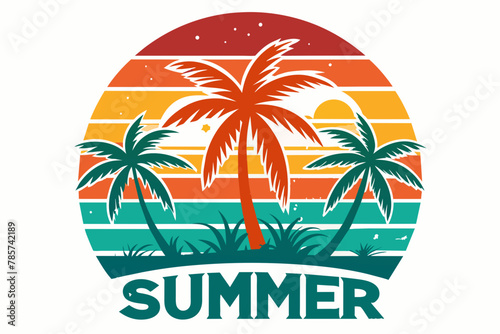 sunset with palm tree vector illustration